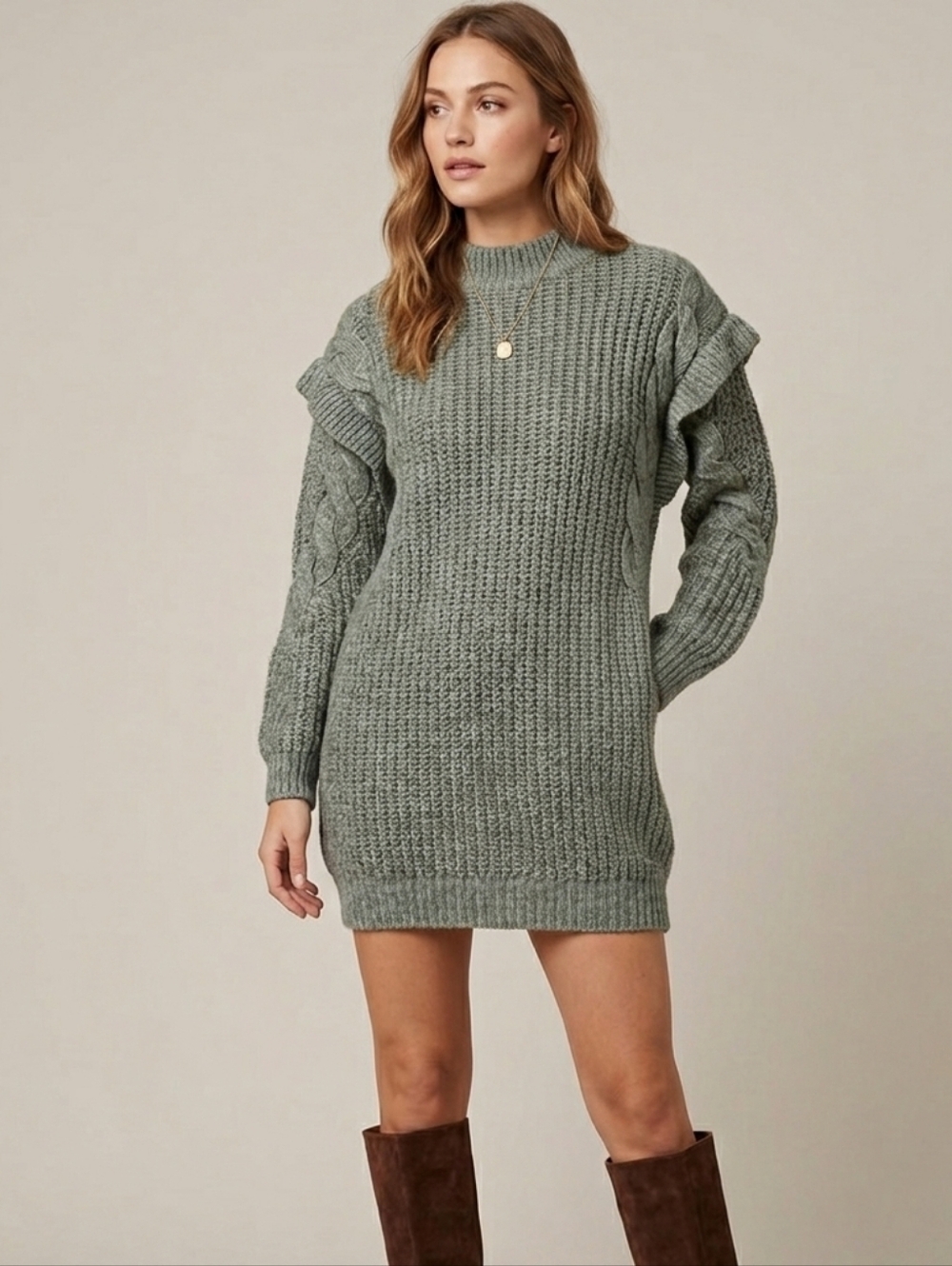 Minkpink Sage Green Mini Sweater Dress Cable Knit Ruffle Sleeve Detail